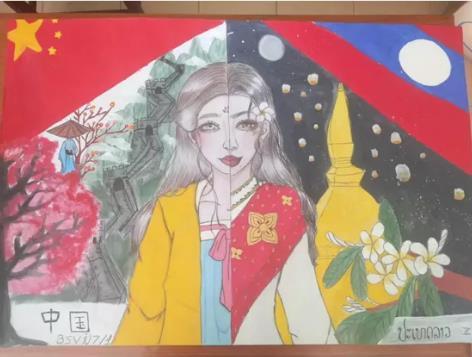 任教学校的高三同学们共同完成的画作，将中国、老挝的标志性建筑、传统服饰等元素融合在一起，表达了就是中老两国的友好、互助和美好祝愿。(作者供图)