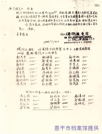 旅加侨胞捐资兴建恩平人民医院的相关信件。