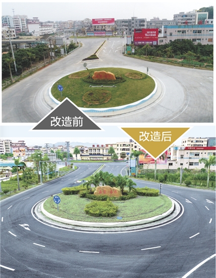 海宴镇入口通道改造后,道路拓宽平整、绿化景观升级、环岛标识醒目,通行效率与颜值双提升。 海宴镇入口通道改造后,道路拓宽平整、绿化景观升级、环岛标识醒目,通行效率与颜值双提升。